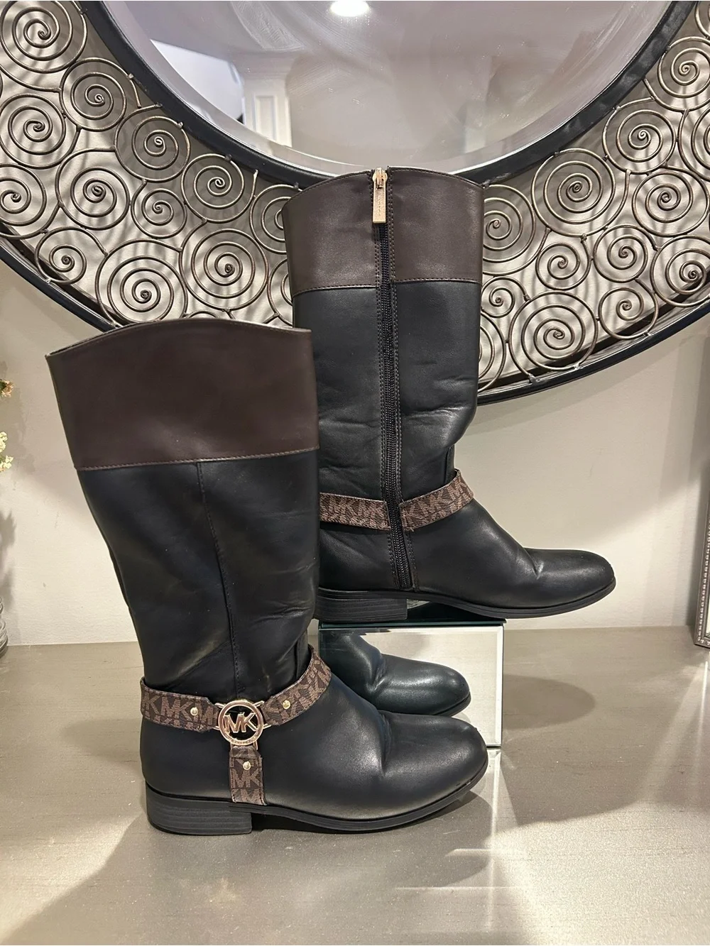 MICHAEL Michael Kors Black and Brown Logo Harness Mid-Calf Riding Boots